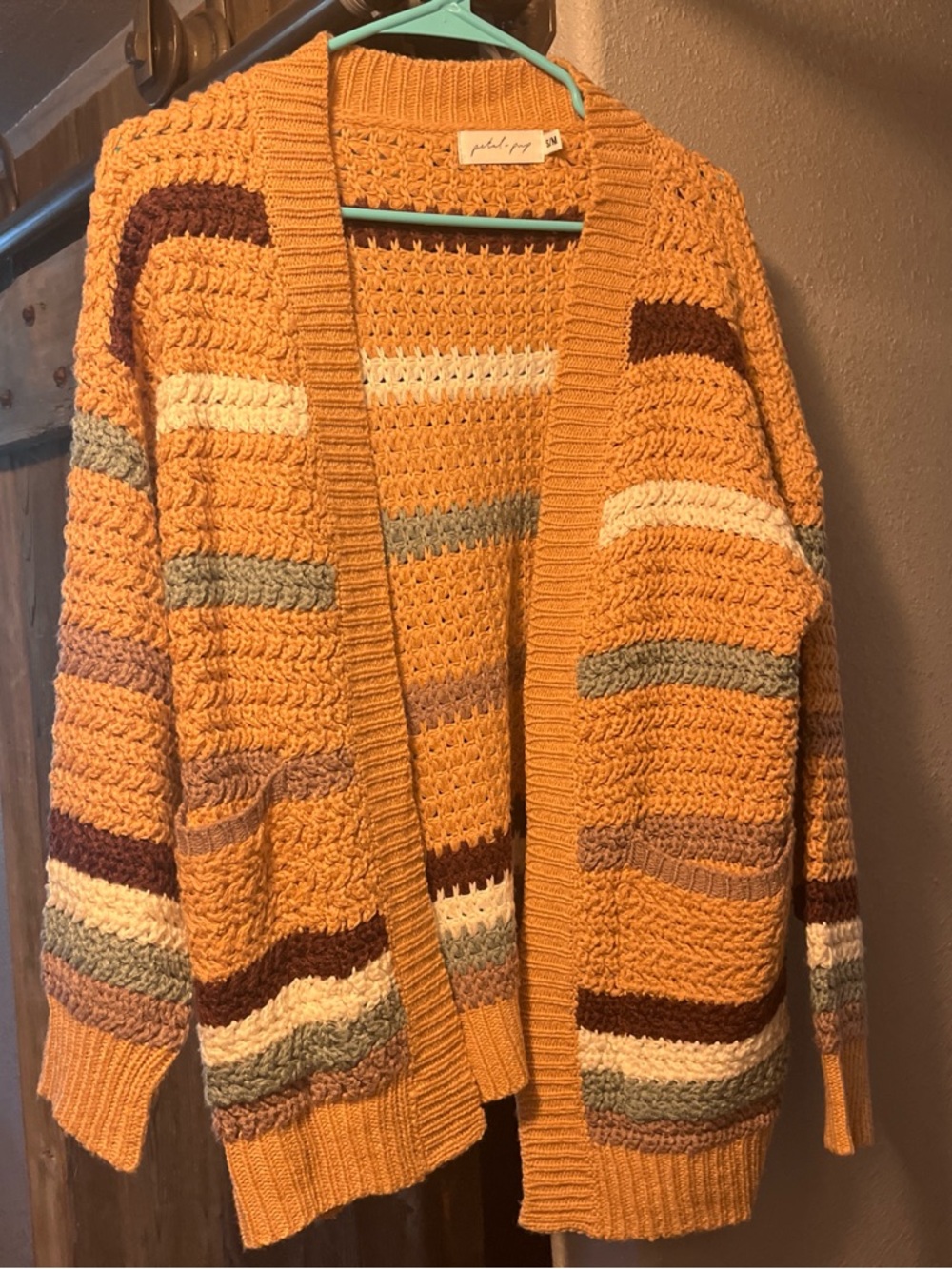 Open-Front Mustard Stripe Crochet Cardigan Sweater - Polli + Pop